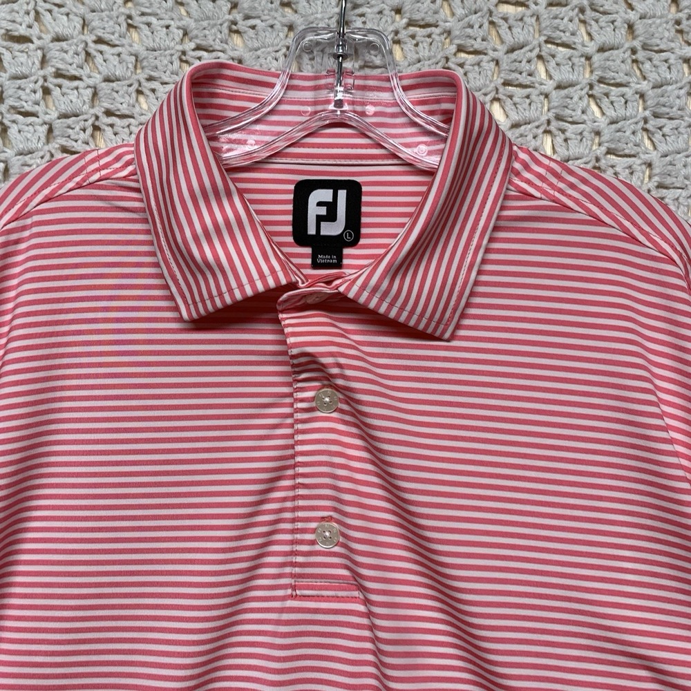 FootJoy FJ Golf Polo Shirt Mens Sz L Striped Pink Short Sleeve Performance - Picture 1 of 9